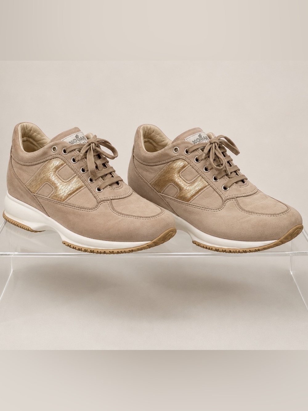 Luxury Hogan Interactive Beige Gold Suede Sneakers Italian Designer Size EU 37